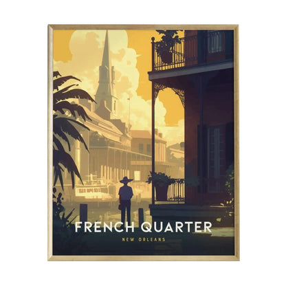 A beautifully illustrated poster of the French Quarter in New Orleans, showcasing iconic architecture with a silhouette of a person standing on a balcony. The warm color palette highlights the charm and vibrancy of this historic district.