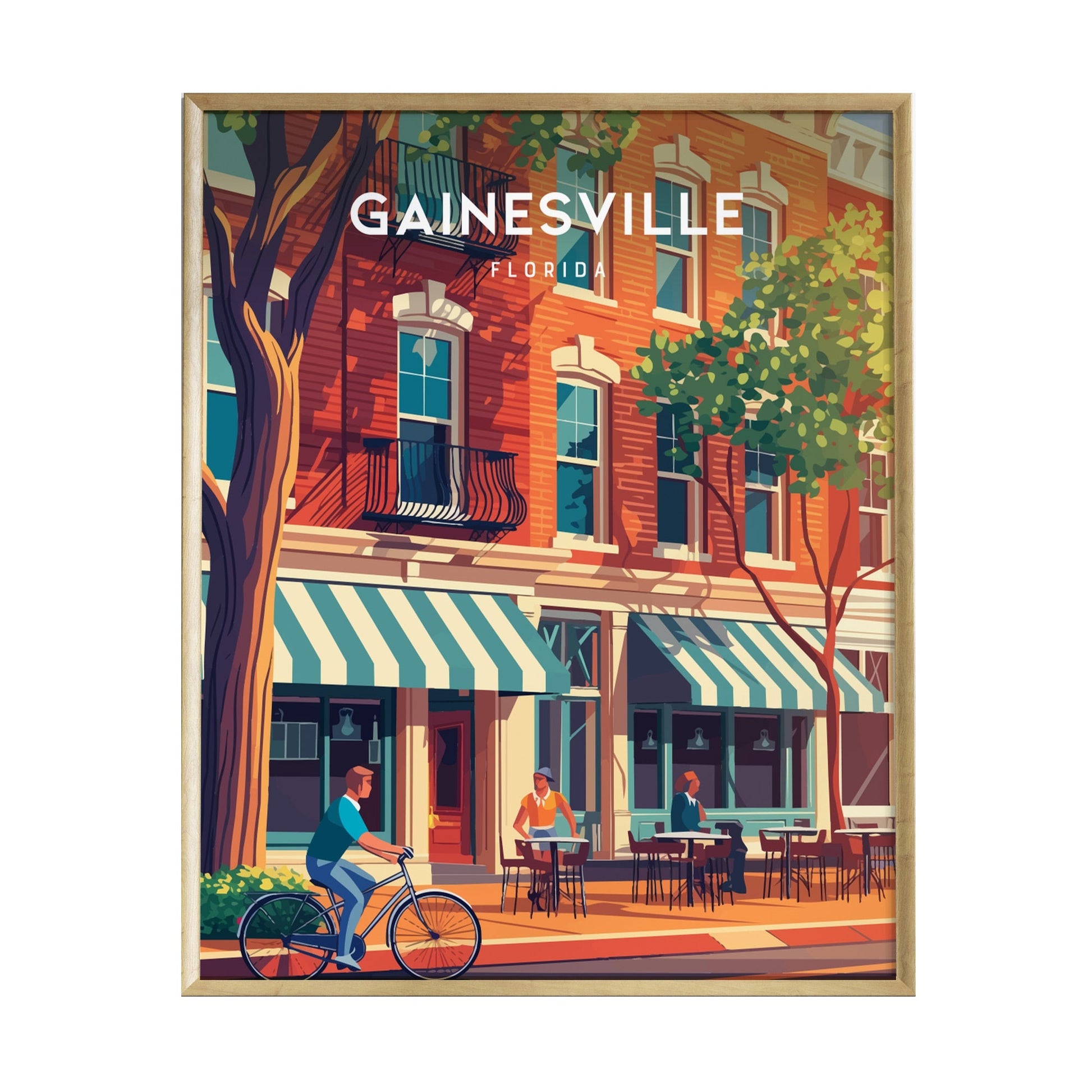 A vibrant illustration of a Gainesville street scene featuring a cyclist and pedestrians enjoying outdoor seating at cafes. Tall trees with green foliage line the sidewalk, enhancing the lively atmosphere of the urban setting.