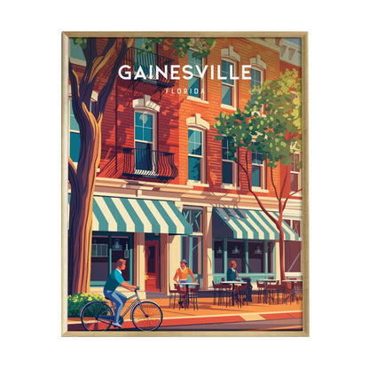 A vibrant illustration of a Gainesville street scene featuring a cyclist and pedestrians enjoying outdoor seating at cafes. Tall trees with green foliage line the sidewalk, enhancing the lively atmosphere of the urban setting.