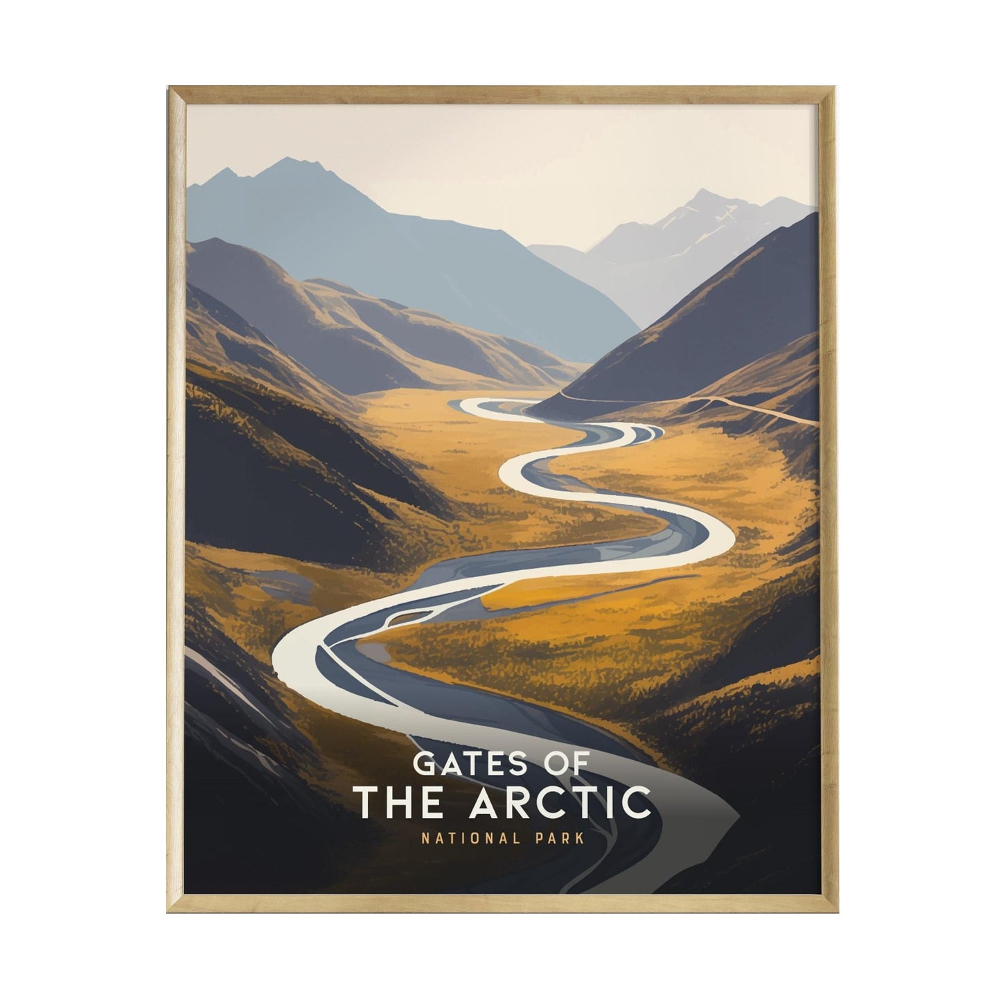 A framed poster featuring a stylized illustration of the Gates of the Arctic National Park, showcasing a winding river through golden tundra and mountains in the background. The artwork emphasizes the parks remote and pristine landscape.