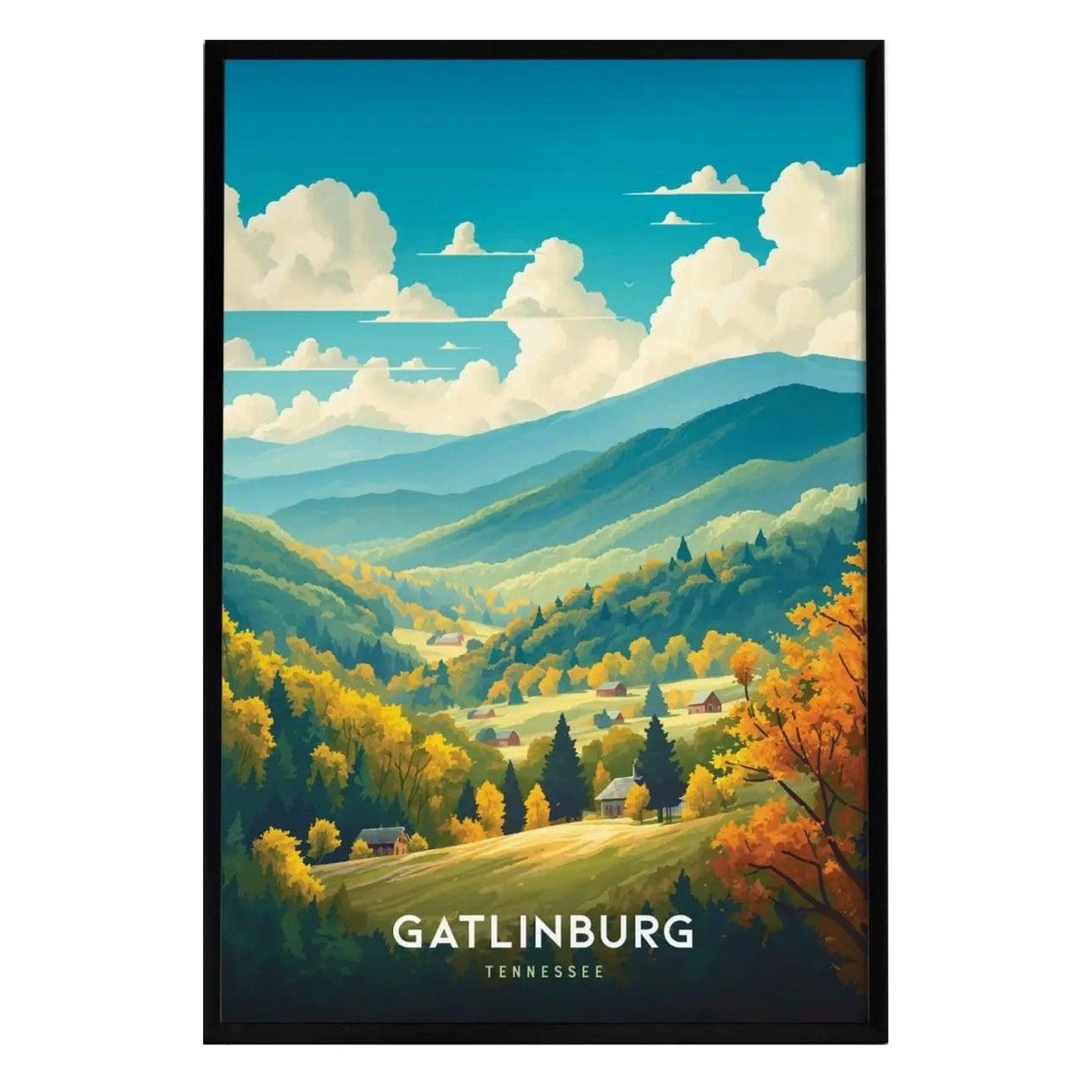 A vibrant poster depicting the scenic beauty of Gatlinburg, Tennessee, featuring lush green hills, colorful autumn trees, and a bright blue sky with fluffy white clouds.