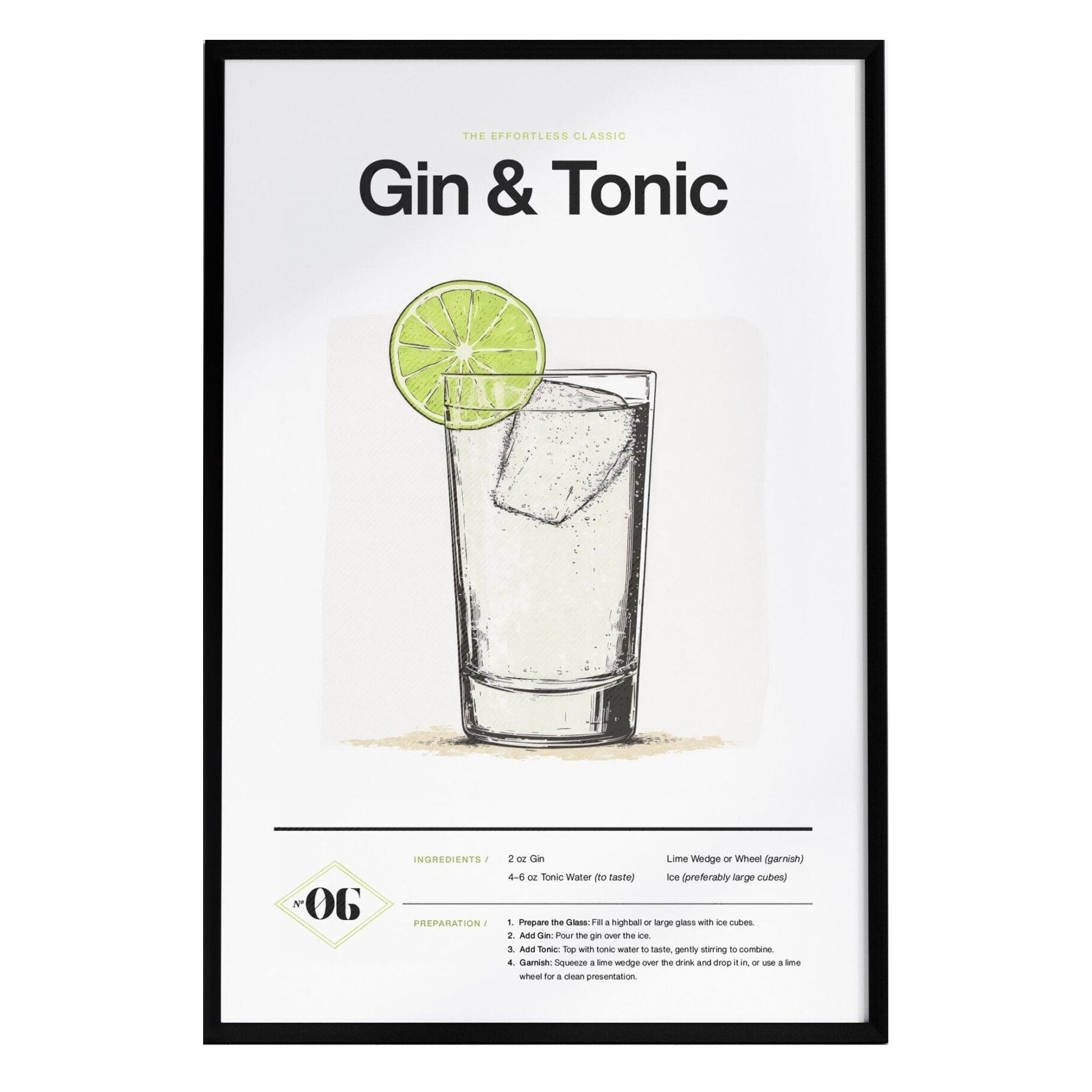 A framed poster featuring a gin and tonic cocktail illustration, with a glass filled with ice and a lime wedge on the rim. The minimalist design includes elegant typography and the cocktails recipe details below the image.