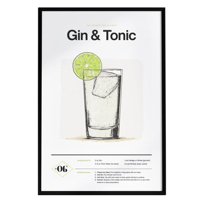 A framed poster featuring a gin and tonic cocktail illustration, with a glass filled with ice and a lime wedge on the rim. The minimalist design includes elegant typography and the cocktails recipe details below the image.