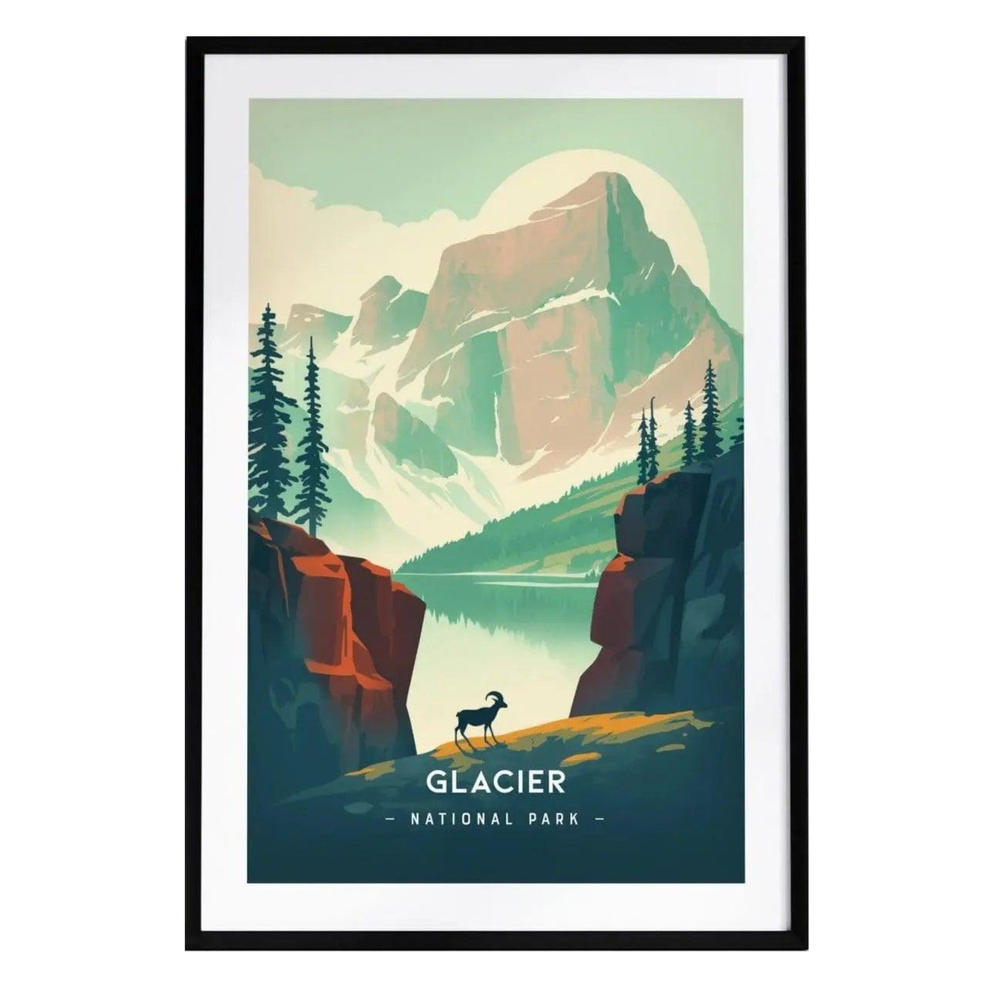 A minimalist poster depicting a serene landscape of Glacier National Park, featuring a glassy lake surrounded by towering mountains and evergreen trees.
