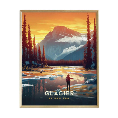 A beautifully illustrated poster of Glacier National Park features a serene landscape with a person standing by a reflective lake surrounded by towering mountains and tall pine trees.
