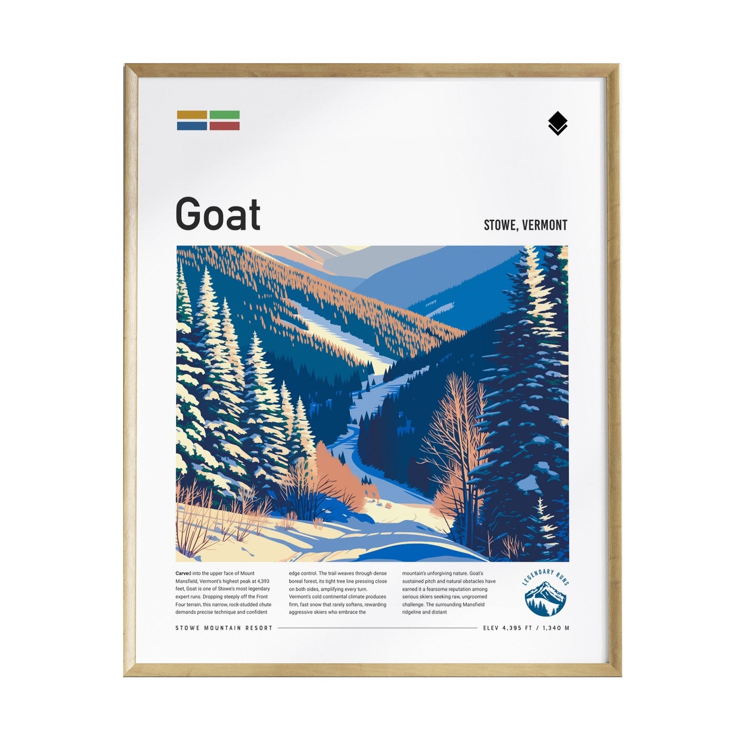 A framed poster titled Goat features a vibrant illustration of a snowy mountain landscape in Stowe, Vermont. The scene includes tall pine trees, a winding ski trail, and a colorful sky, showcasing the beauty of winter sports.