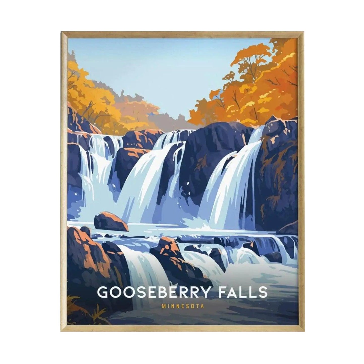 A beautifully illustrated poster of Gooseberry Falls in Minnesota, featuring cascading waterfalls surrounded by vibrant autumn foliage. The artwork is framed with a light wood border, adding a touch of elegance to the natural scene.