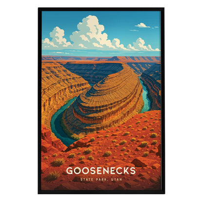 A vibrant art print depicting Goosenecks State Park in Utah, showcasing the winding river meanders of the San Juan River surrounded by steep canyon walls and rich desert tones. The sky features fluffy clouds above the dramatic landscape.
