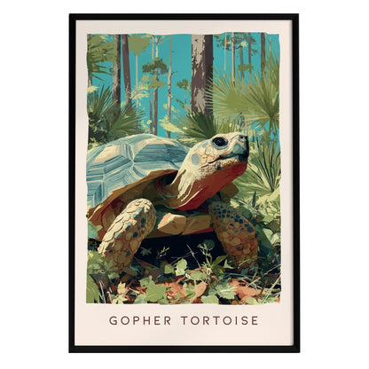 A vibrant illustration of a Gopher Tortoise emerging from lush underbrush in a sunlit longleaf pine forest. The artwork highlights the tortoises textured shell, sturdy limbs, and curious gaze, framed elegantly at the bottom.