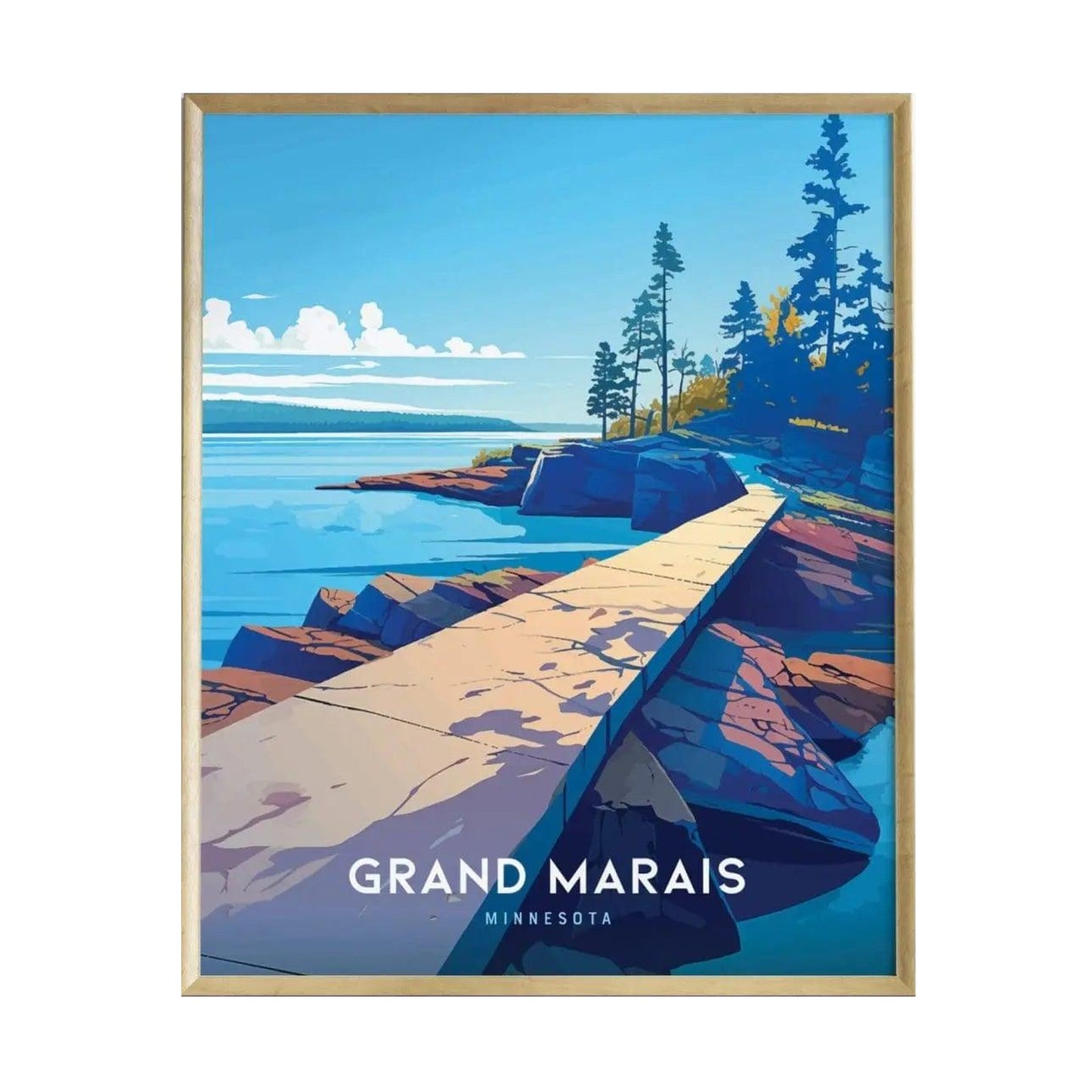 A vibrant poster depicting a serene landscape of Grand Marais, Minnesota, featuring a wooden path winding along rocky shores with blue water and trees in the background. The artwork showcases the peaceful beauty of Lake Superior.
