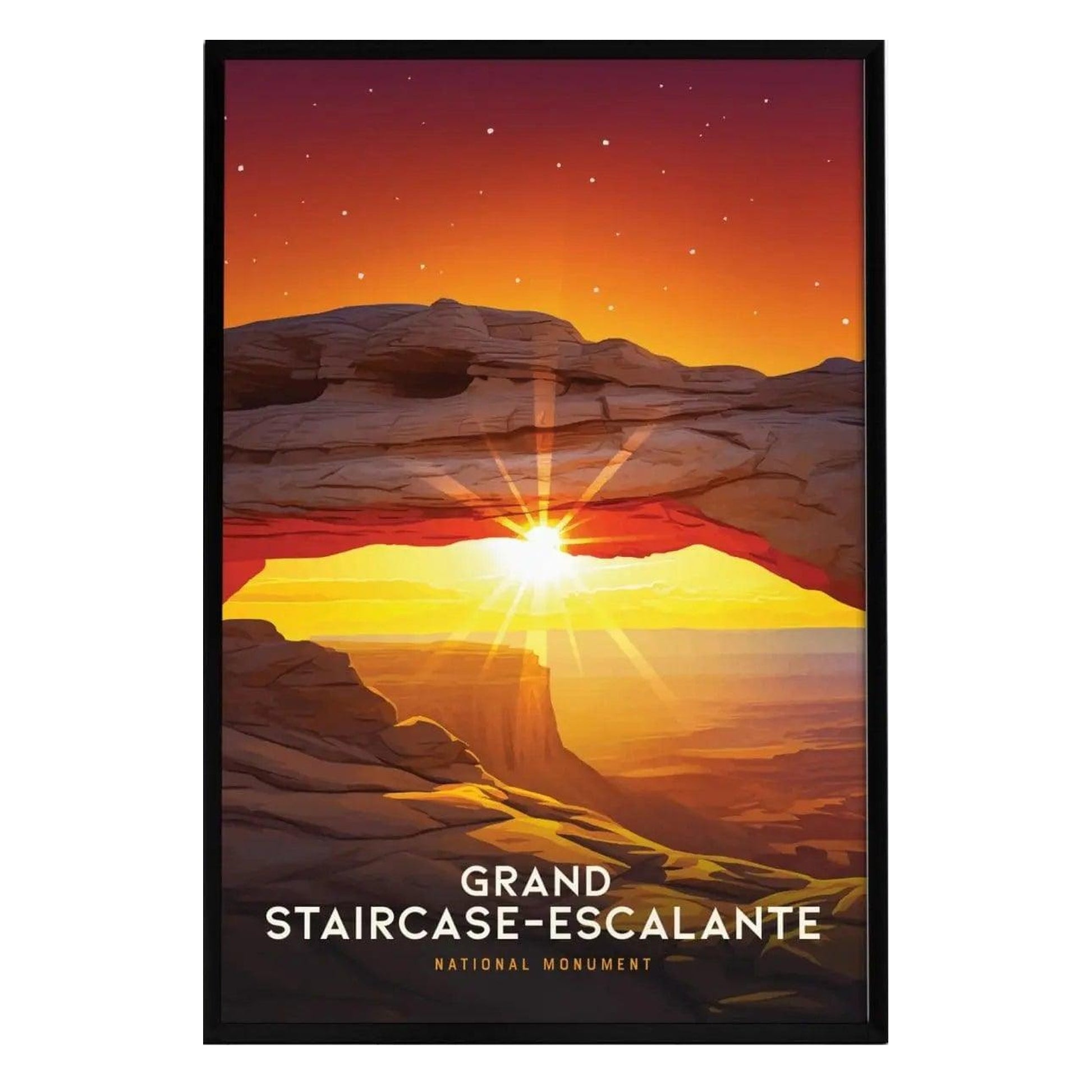 A vibrant illustration of the Grand Staircase–Escalante National Monument features a dramatic sunset behind a rock arch, with warm hues of orange and yellow illuminating the landscape.