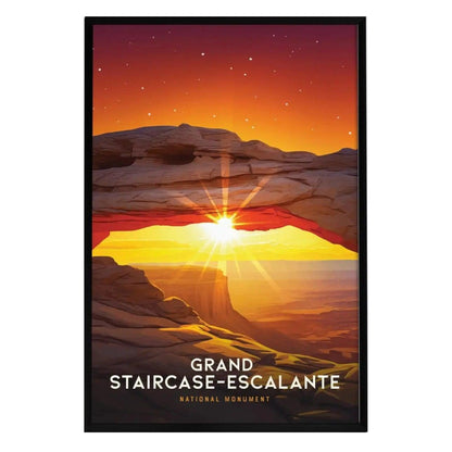 A vibrant illustration of the Grand Staircase–Escalante National Monument features a dramatic sunset behind a rock arch, with warm hues of orange and yellow illuminating the landscape.