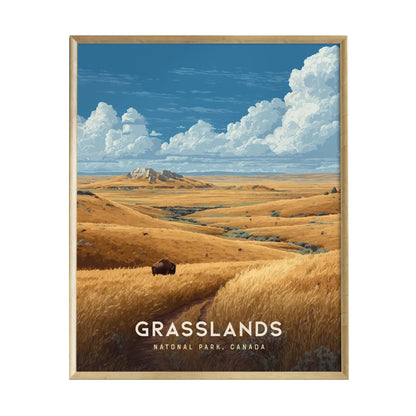A beautifully framed poster of Grasslands National Park features a vibrant landscape of golden hills under a dramatic blue sky with fluffy white clouds.