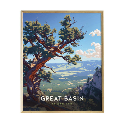 A vibrant poster of Great Basin National Park featuring a stylized, ancient bristlecone pine tree with a sweeping view of mountains and valleys in the background. The text GREAT BASIN NATIONAL PARK is prominently displayed at the bottom.