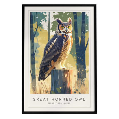 A vibrant poster of a Great Horned Owl standing majestically on a tree stump, showcasing its striking golden eyes and detailed plumage. The background features a softly blurred woodland scene with shades of green and blue.