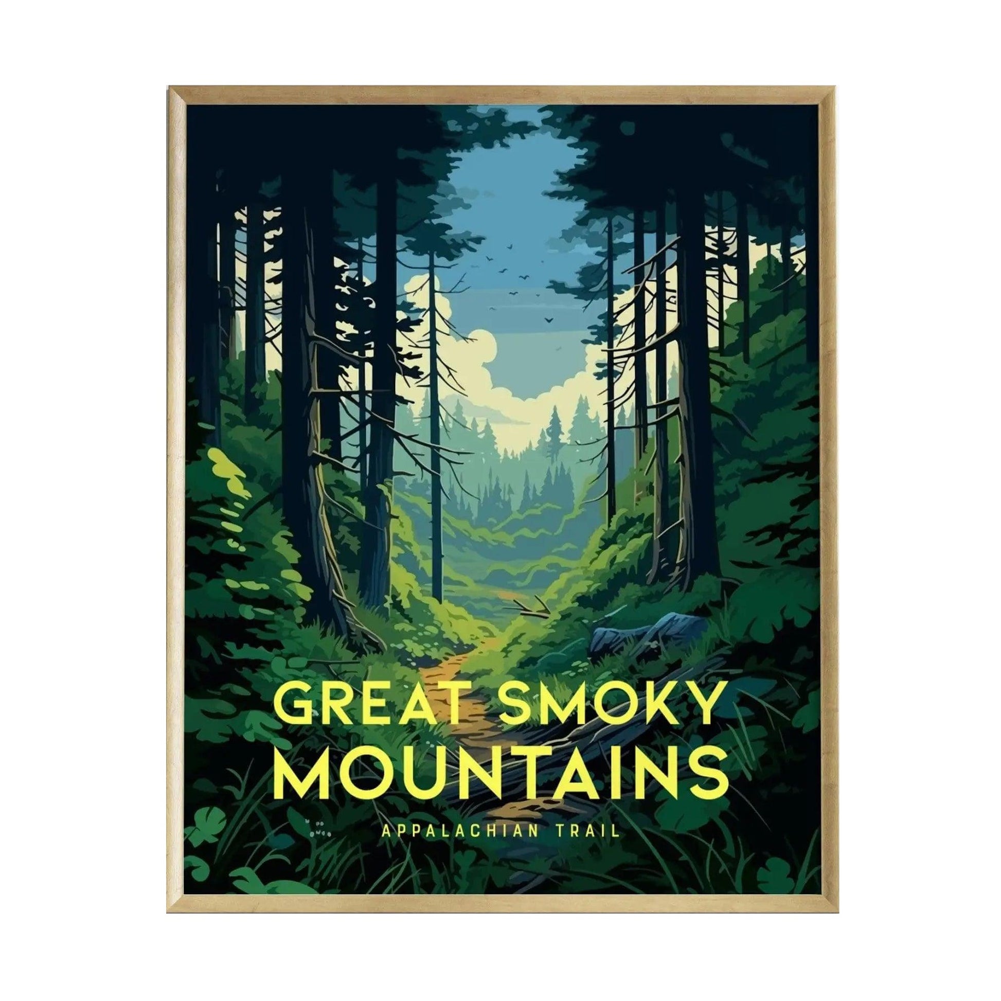 A vibrant illustration of the Great Smoky Mountains features a lush forest scene with tall trees flanking a winding trail.