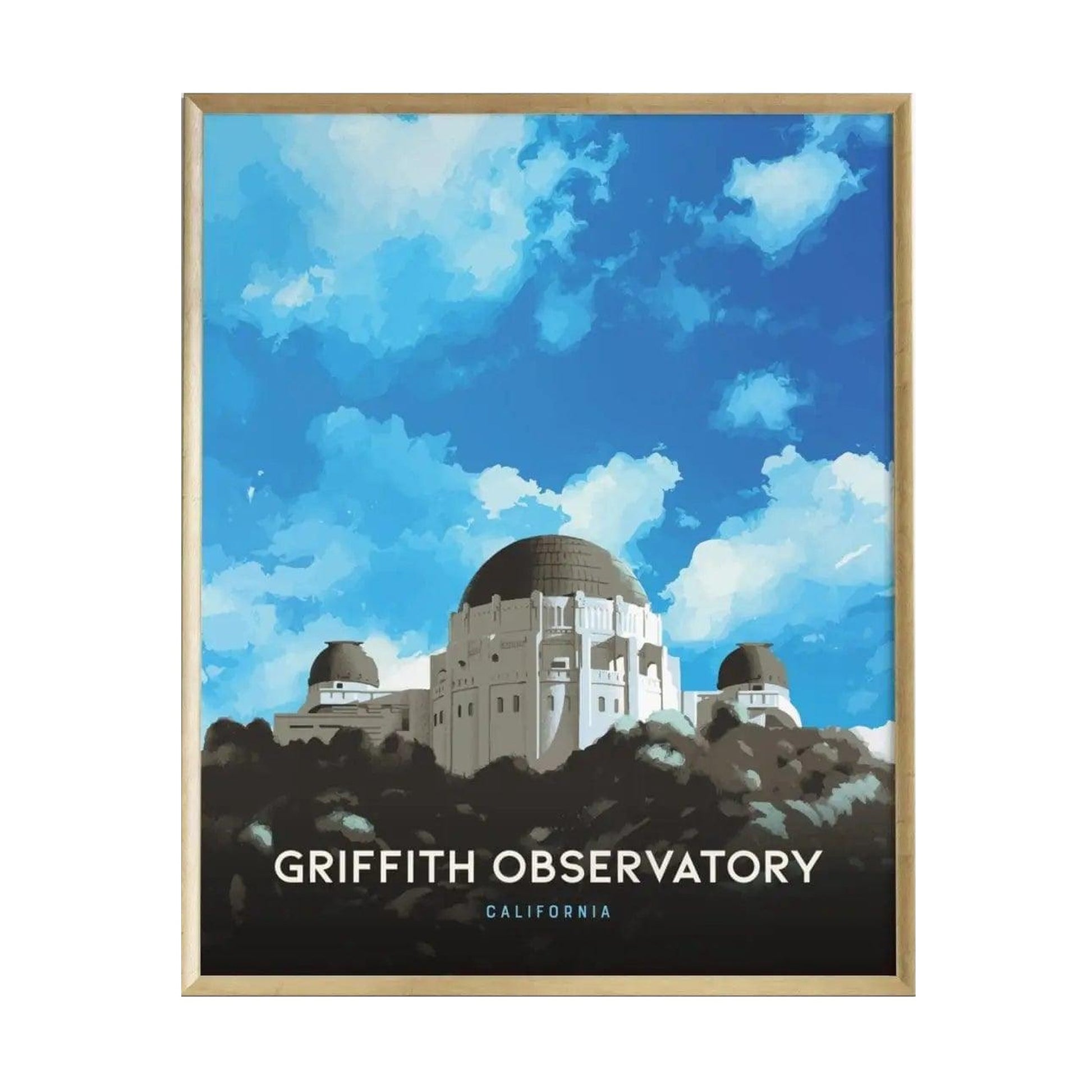 A vibrant illustration of the Griffith Observatory features its distinctive domes and Art Deco architecture set against a bright blue sky with fluffy clouds.