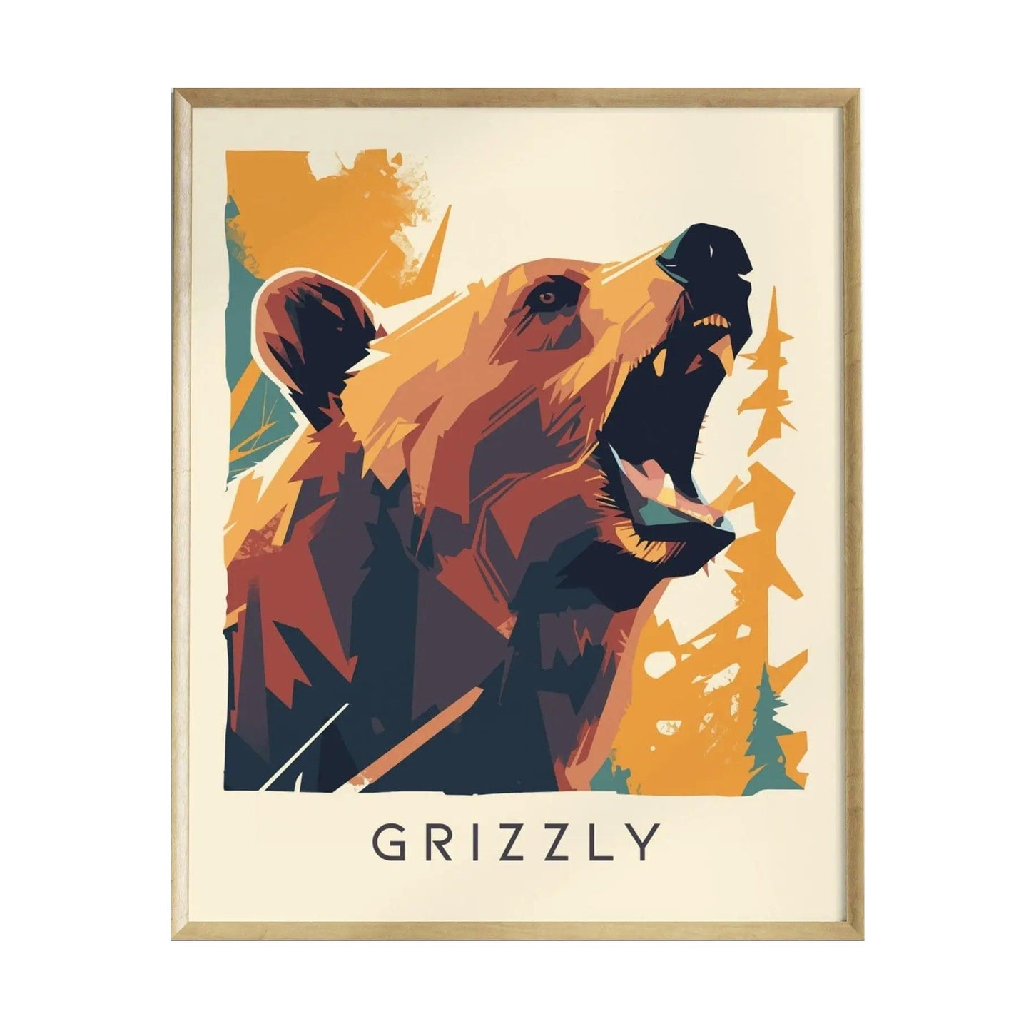 A vibrant poster featuring a modern vector-style illustration of a roaring grizzly bear, showcasing its fierce expression and bared teeth. The bear is set against an abstract background with warm colors, emphasizing its wild essence.