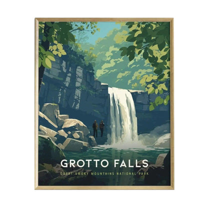 A vibrant illustration of Grotto Falls, showcasing a cascading waterfall surrounded by lush greenery and rocky cliffs. Two figures stand near the waters edge, enjoying the tranquil beauty of the Great Smoky Mountains National Park.