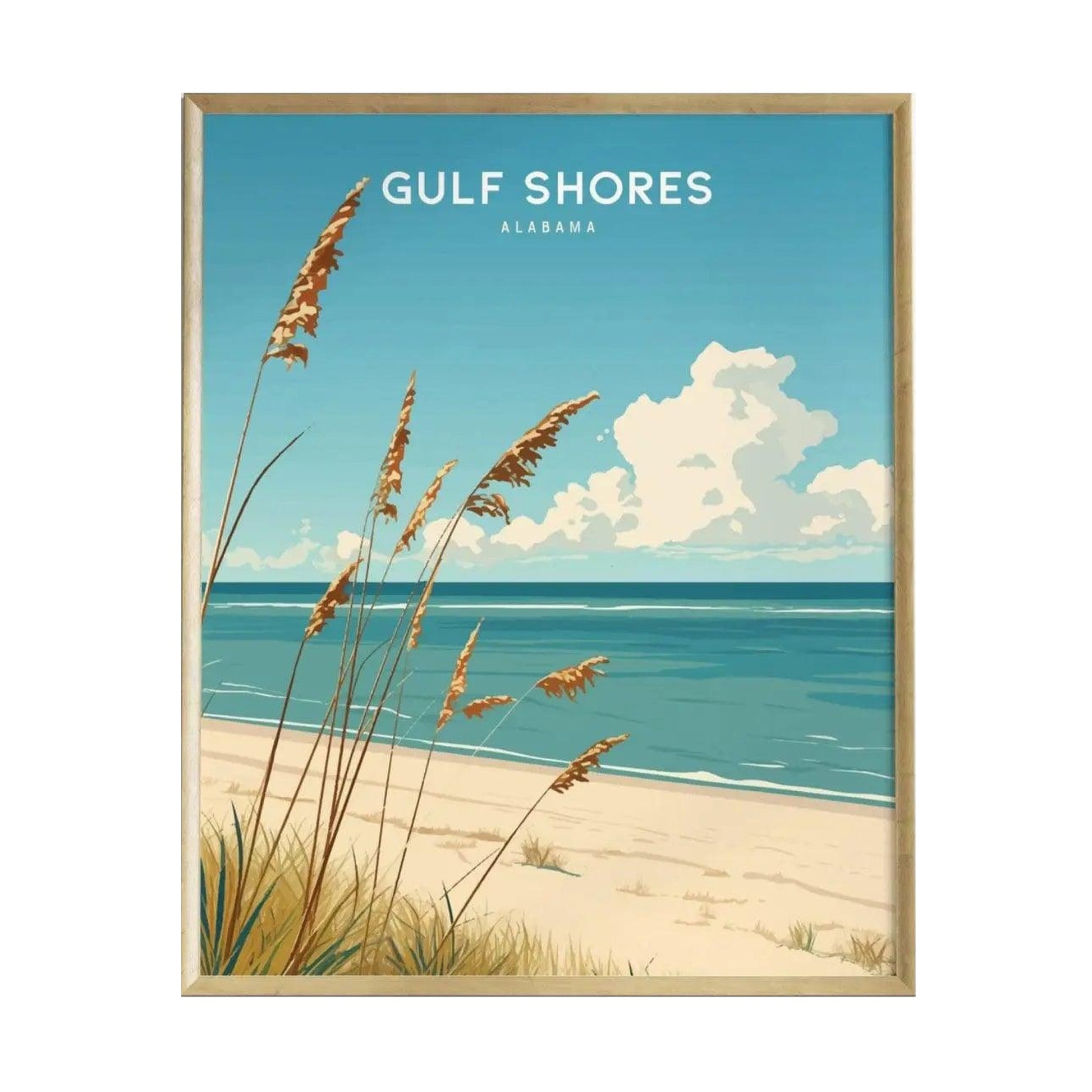 A framed poster depicting a serene beach scene from Gulf Shores, Alabama. The artwork features soft white sands, turquoise waves, and fluffy clouds against a bright blue sky, with tall grasses in the foreground.