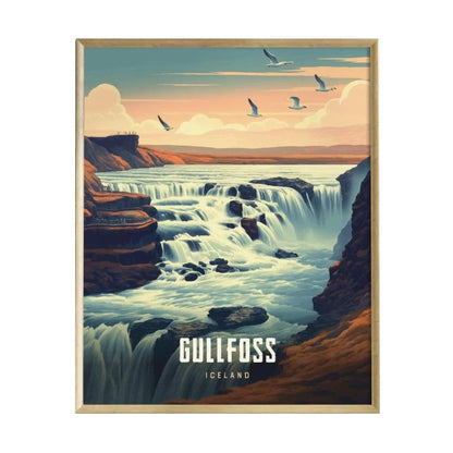 A beautifully framed travel poster depicting Gullfoss, Icelands iconic waterfall, with cascading water and rocky cliffs. The scene features a serene sky with birds flying above, showcasing the stunning natural beauty of the landscape.