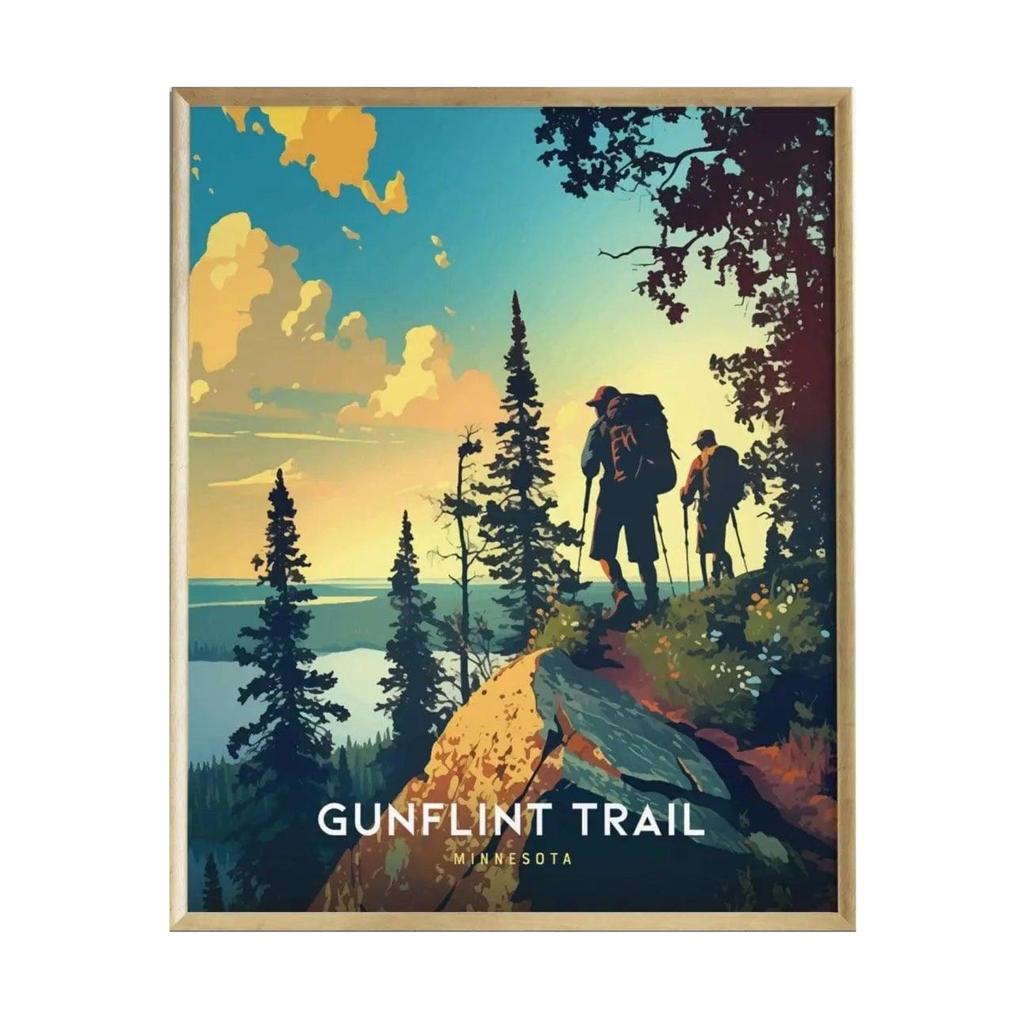 A vibrant illustration of two hikers on a rocky ledge overlooking a scenic view of a lake surrounded by lush forests and distant hills, capturing the essence of adventure on the Gunflint Trail in Minnesota.