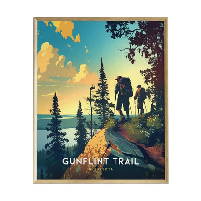 A vibrant illustration of two hikers on a rocky ledge overlooking a scenic view of a lake surrounded by lush forests and distant hills, capturing the essence of adventure on the Gunflint Trail in Minnesota.