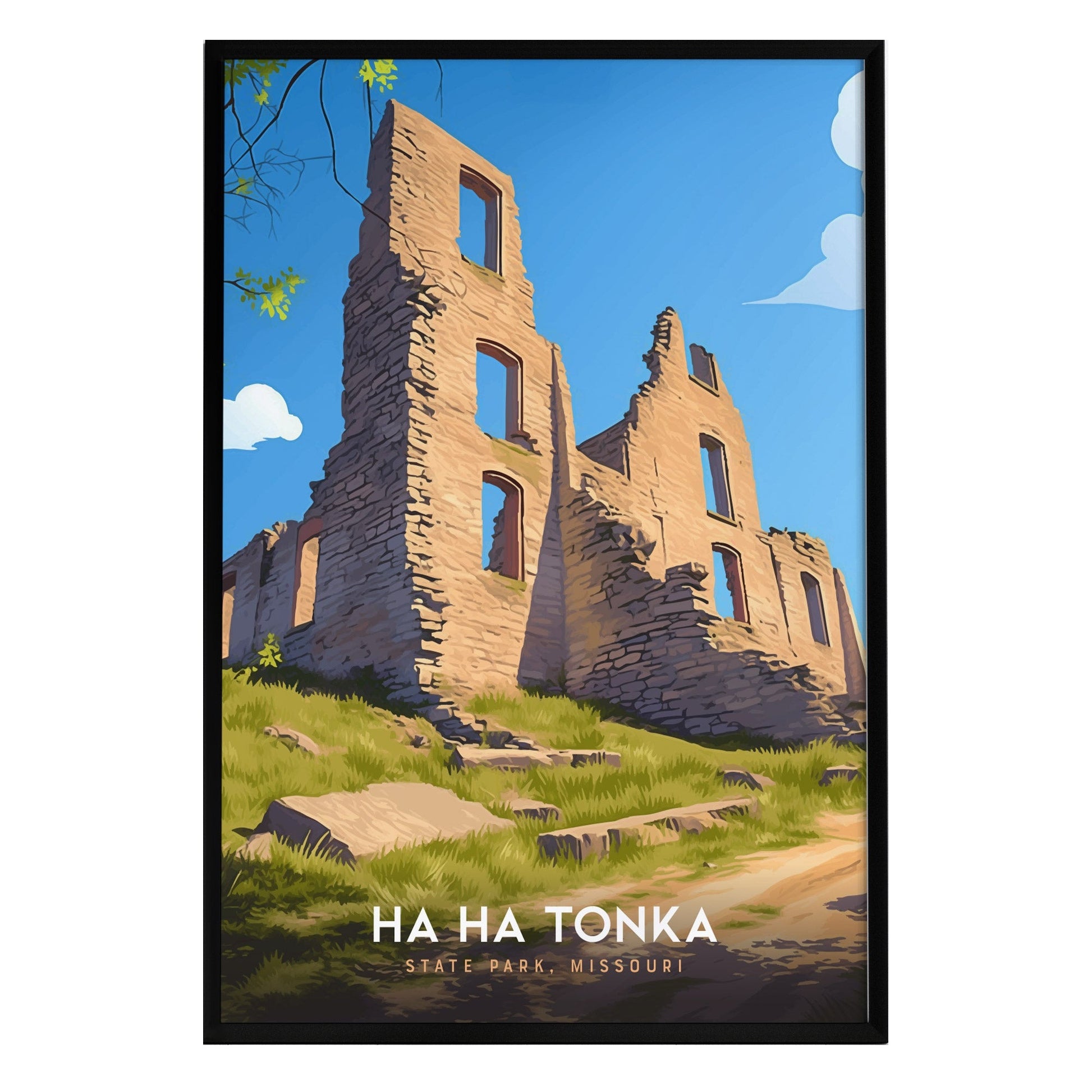 A vibrant illustration of the Ha Ha Tonka castle ruins set against a bright blue sky, showcasing the crumbling stone walls and windows of the historic structure.