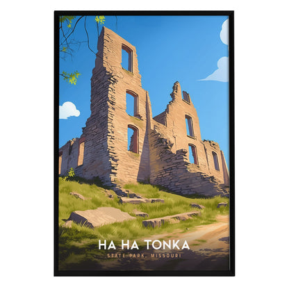 A vibrant illustration of the Ha Ha Tonka castle ruins set against a bright blue sky, showcasing the crumbling stone walls and windows of the historic structure.