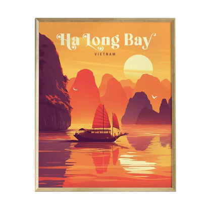 A vibrant poster of Ha Long Bay features a traditional boat sailing across calm waters at sunset, surrounded by towering limestone islands. The sky is adorned with warm orange and yellow hues, creating a serene and picturesque atmosphere.