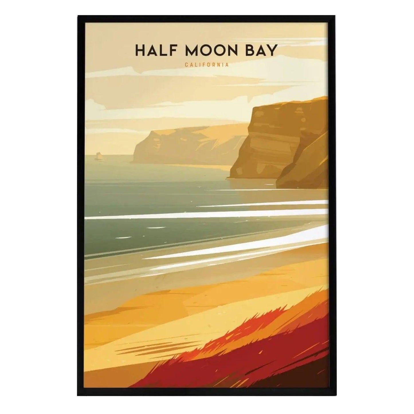 A stylized poster of Half Moon Bay, California, featuring golden cliffs and gentle ocean waves under a soft sky. The artwork highlights the serene beach landscape, capturing the coastal charm with warm tones and minimalist design.