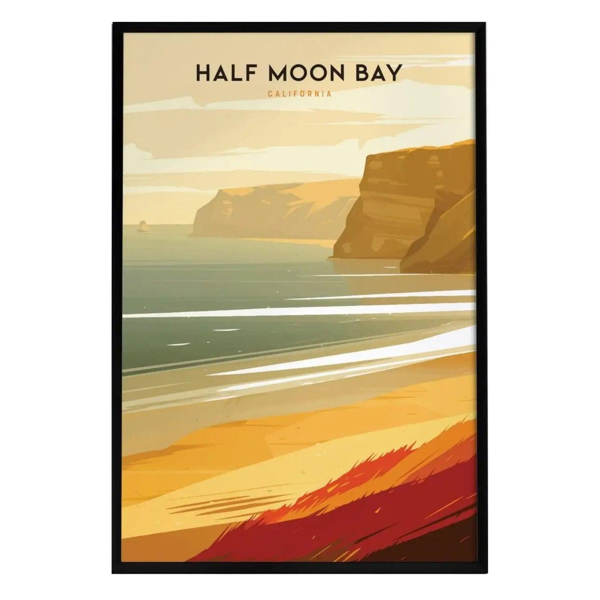 A stylized poster of Half Moon Bay, California, featuring golden cliffs and gentle ocean waves under a soft sky. The artwork highlights the serene beach landscape, capturing the coastal charm with warm tones and minimalist design.
