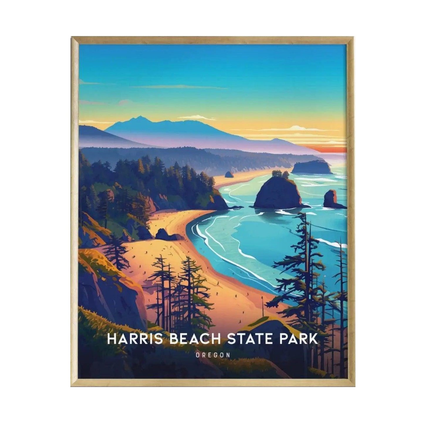 A vibrant poster depicting Harris Beach State Park in Oregon, showcasing rugged cliffs, a serene shoreline, and iconic sea stacks set against a colorful sunset.