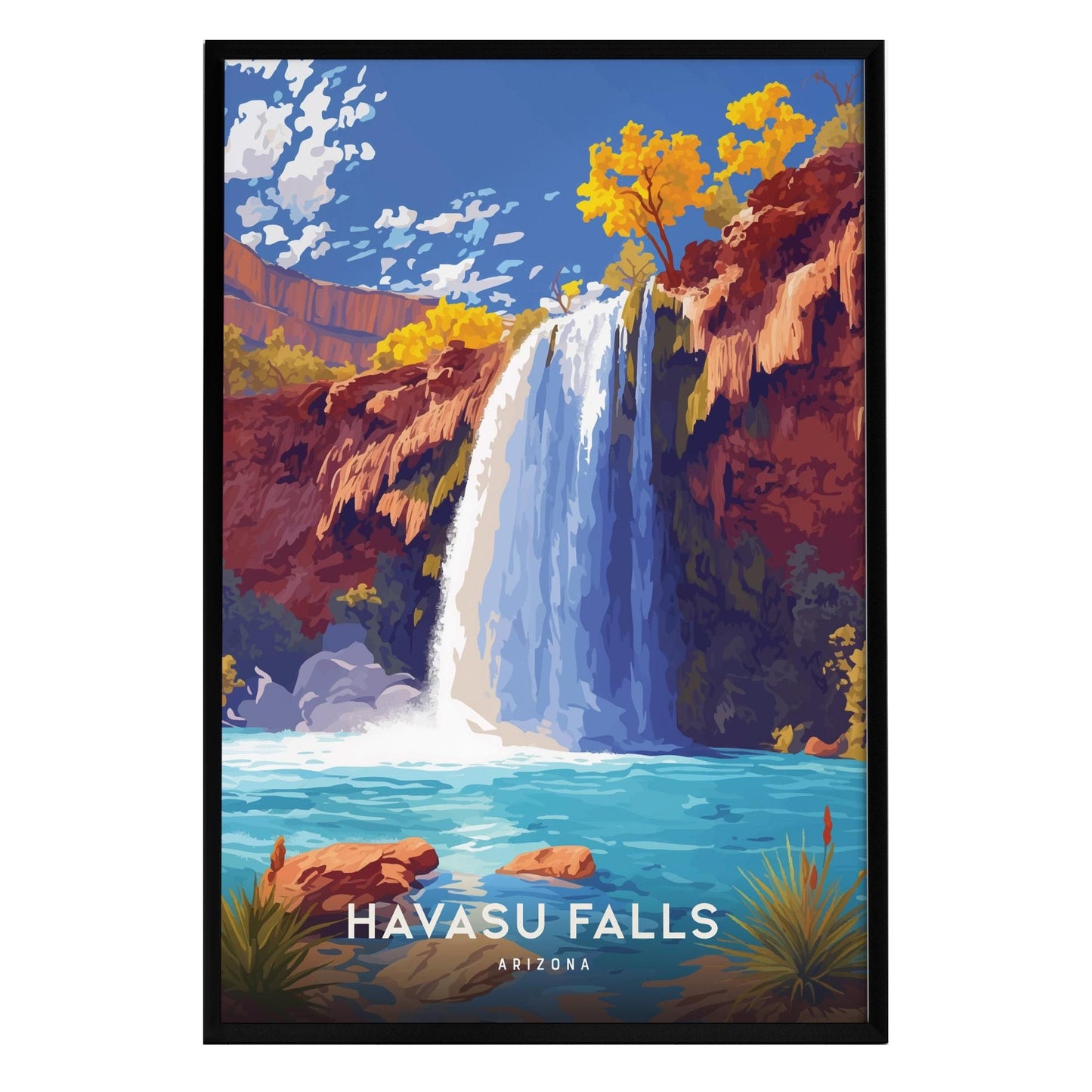 A vibrant poster of Havasu Falls in Arizona, featuring cascading turquoise waters flowing over red cliffs, surrounded by lush greenery and bright yellow trees under a blue sky with fluffy white clouds.