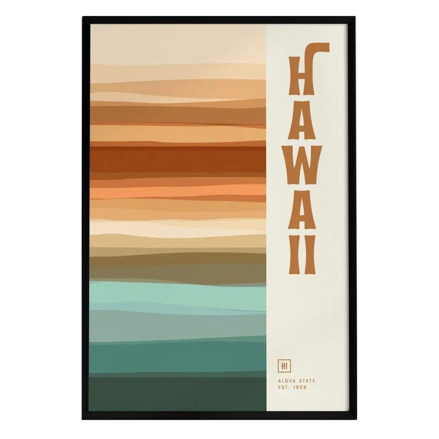 A minimalist poster featuring an abstract design with horizontal layers of warm earth tones and cool teal hues. The word HAWAII is prominently displayed in bold, stylized lettering on the right side, along with ALOHA STATE EST. 1959 below.