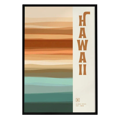 A minimalist poster featuring an abstract design with horizontal layers of warm earth tones and cool teal hues. The word HAWAII is prominently displayed in bold, stylized lettering on the right side, along with ALOHA STATE EST. 1959 below.