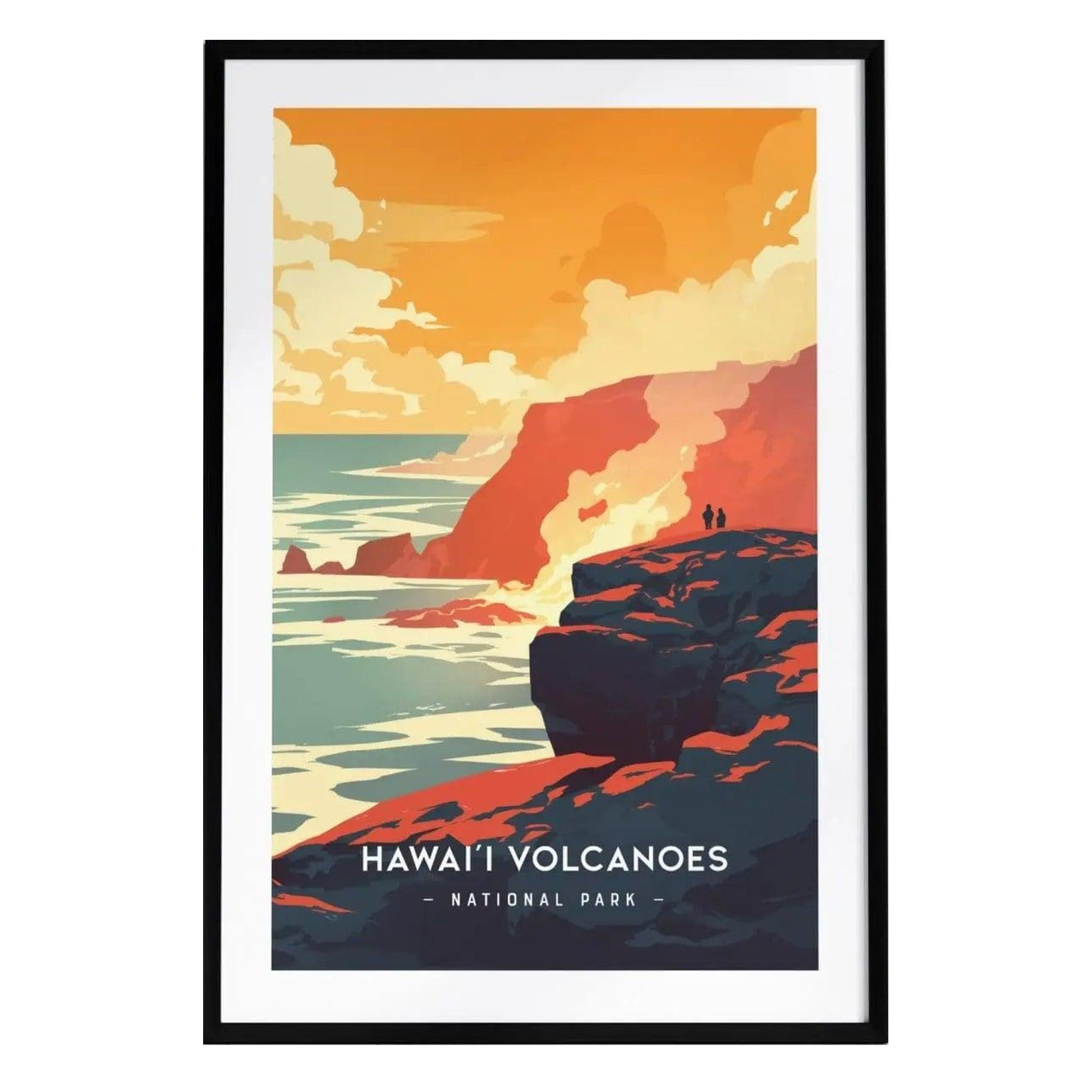 A minimalist poster depicting the dramatic landscape of Hawaii Volcanoes National Park, featuring a vibrant sunset sky with orange and yellow hues, rocky cliffs, and two silhouetted figures standing at the edge, marveling at.