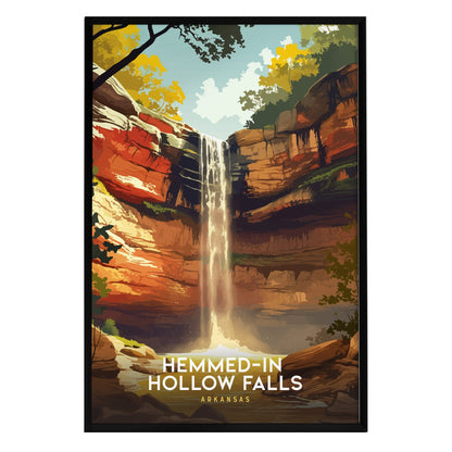 A vibrant illustration of Hemmed-In Hollow Falls showcases a stunning waterfall cascading down rugged cliffs into a serene pool below. Lush greenery and warm colors frame the scene, highlighting the natural beauty of Arkansas.