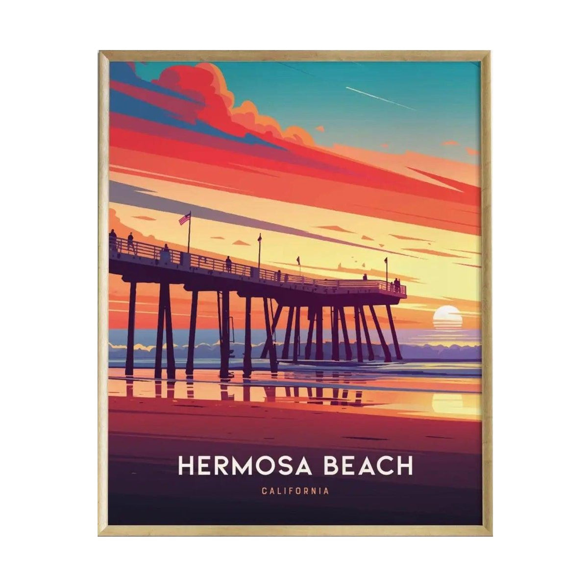 A vibrant illustration of the Hermosa Beach Pier at sunset, featuring shades of orange, pink, and blue in the sky. The pier stands prominently over a calm ocean, with the words Hermosa Beach and California elegantly displayed at the bottom.