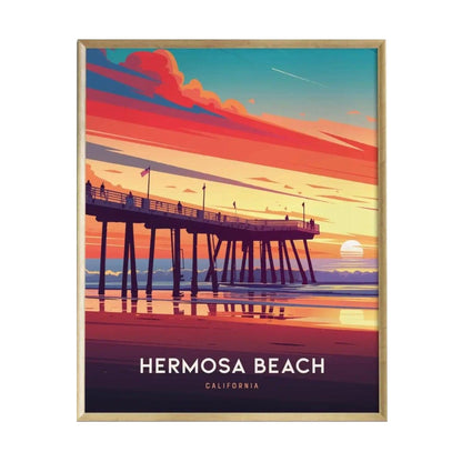 A vibrant illustration of the Hermosa Beach Pier at sunset, featuring shades of orange, pink, and blue in the sky. The pier stands prominently over a calm ocean, with the words Hermosa Beach and California elegantly displayed at the bottom.