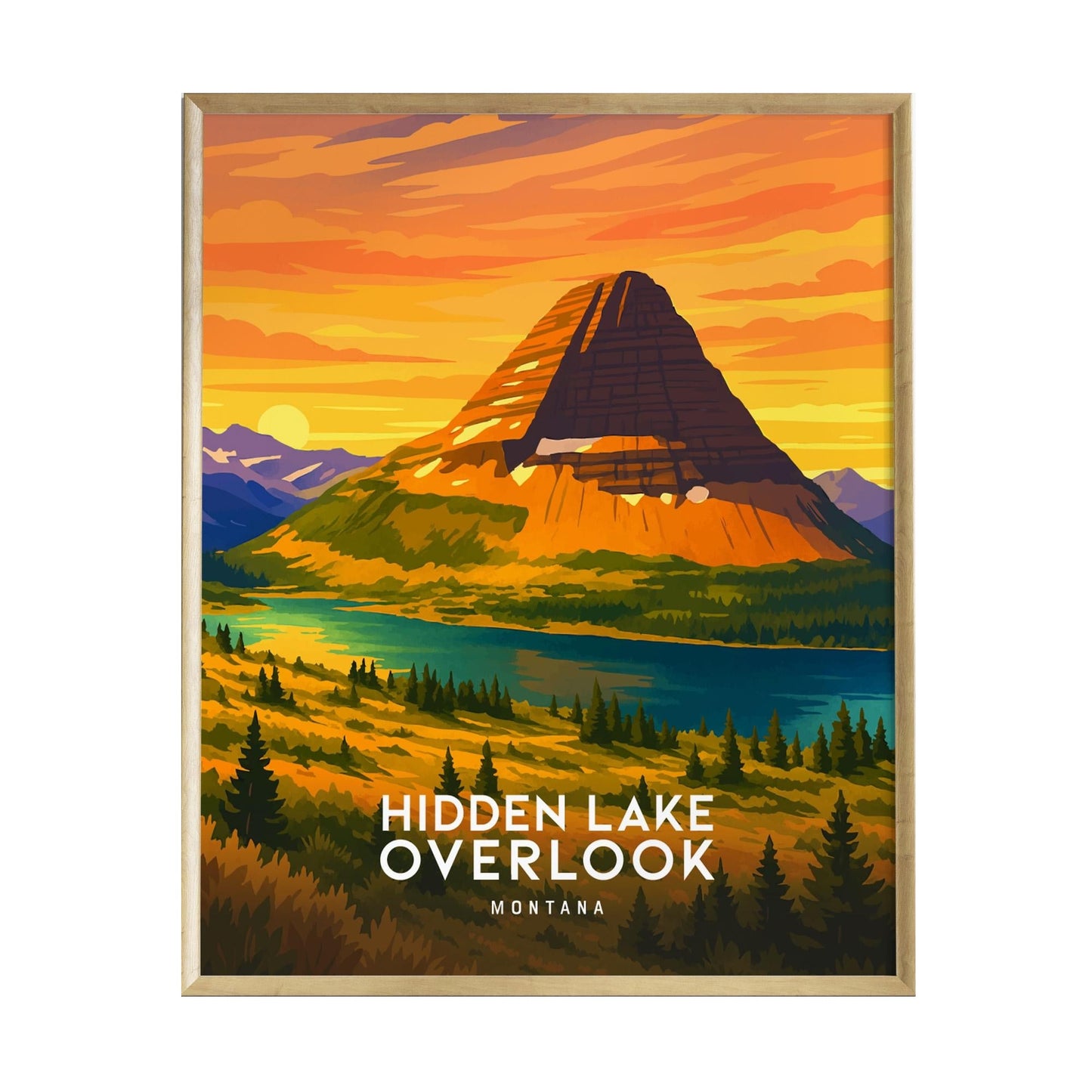 A vibrant art print featuring Bearhat Mountain illuminated by warm sunset colors, set above lush alpine meadows and a serene lake.