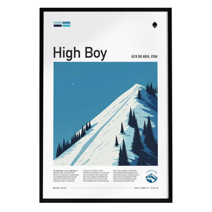 A framed poster titled High Boy showcases a stylized depiction of a snowy ski slope at Alta Ski Area in Utah.