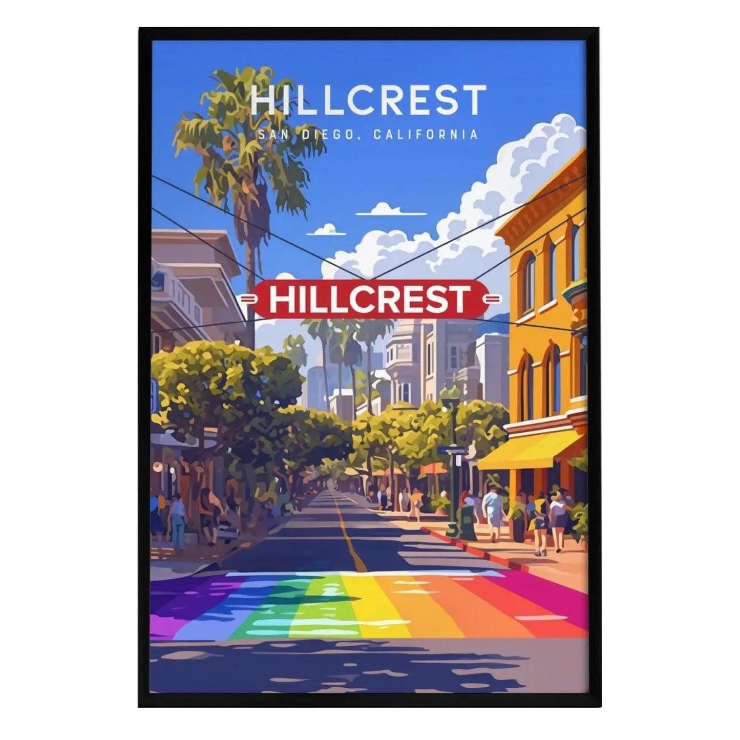 A vibrant illustration of Hillcrest, San Diego, showcases a sunny street lined with palm trees and colorful buildings.