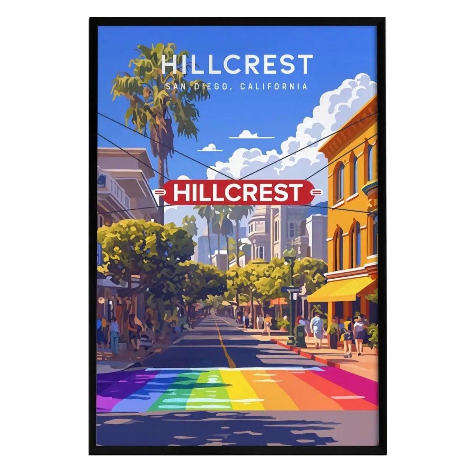 A vibrant illustration of Hillcrest, San Diego, showcases a sunny street lined with palm trees and colorful buildings.