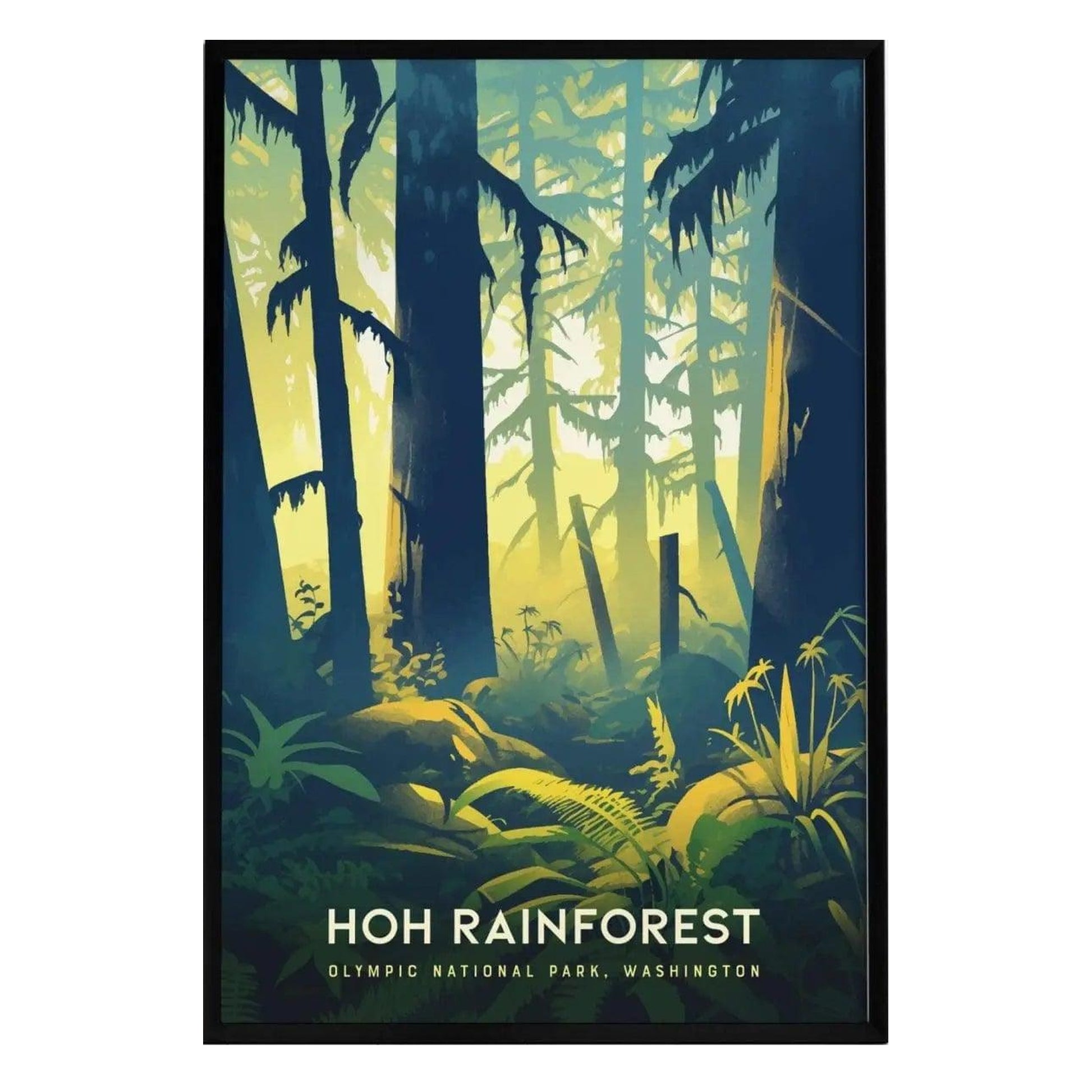 A vibrant illustration of the Hoh Rainforest features tall, dark trees and lush green foliage bathed in soft.
