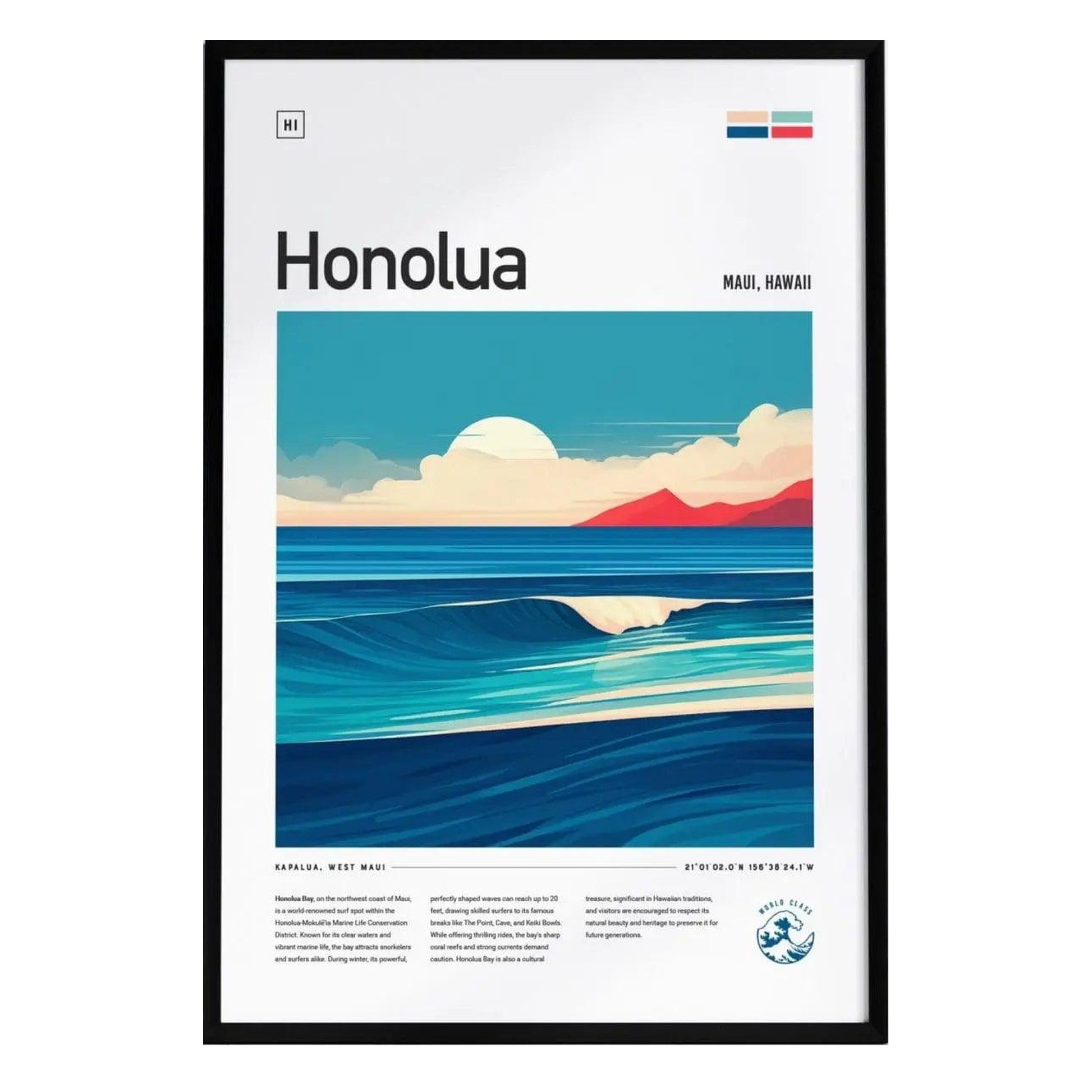 A framed poster featuring a stylized illustration of Honolua Bay in Maui, Hawaii. The scene depicts rolling ocean waves, a colorful sunset, and distant mountains, with modern typography labeling the location and details about the surf spot.