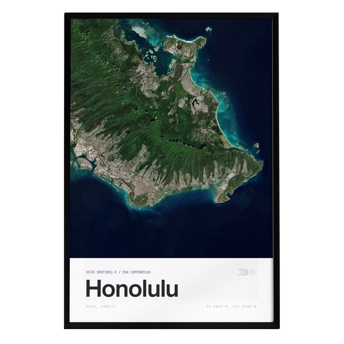 Aerial view of Honolulu, Hawaii, showcasing the vibrant cityscape surrounded by lush greenery and deep blue ocean waters. The image is framed and includes geographic coordinates and the city name prominently displayed.