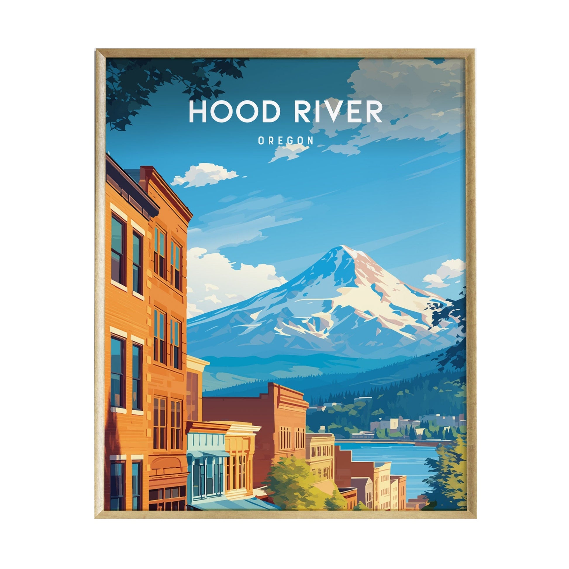 A vibrant poster of Hood River, Oregon, featuring colorful buildings in the foreground with a majestic mountain in the background. The clear blue sky and serene water highlight the beauty of the Pacific Northwest landscape.