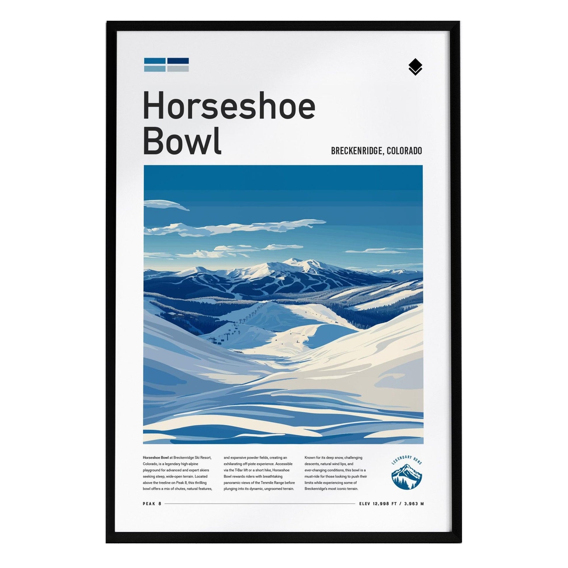 A framed poster featuring a stylized illustration of Horseshoe Bowl in Breckenridge, Colorado. The artwork showcases snow-covered mountains and a clear blue sky, accompanied by text detailing the location and elevation.