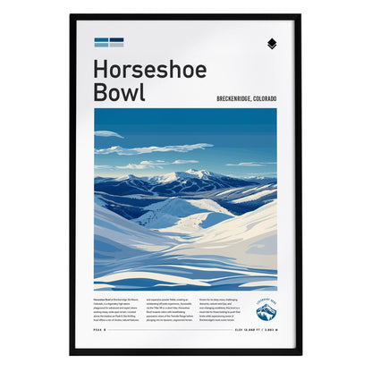 A framed poster featuring a stylized illustration of Horseshoe Bowl in Breckenridge, Colorado. The artwork showcases snow-covered mountains and a clear blue sky, accompanied by text detailing the location and elevation.
